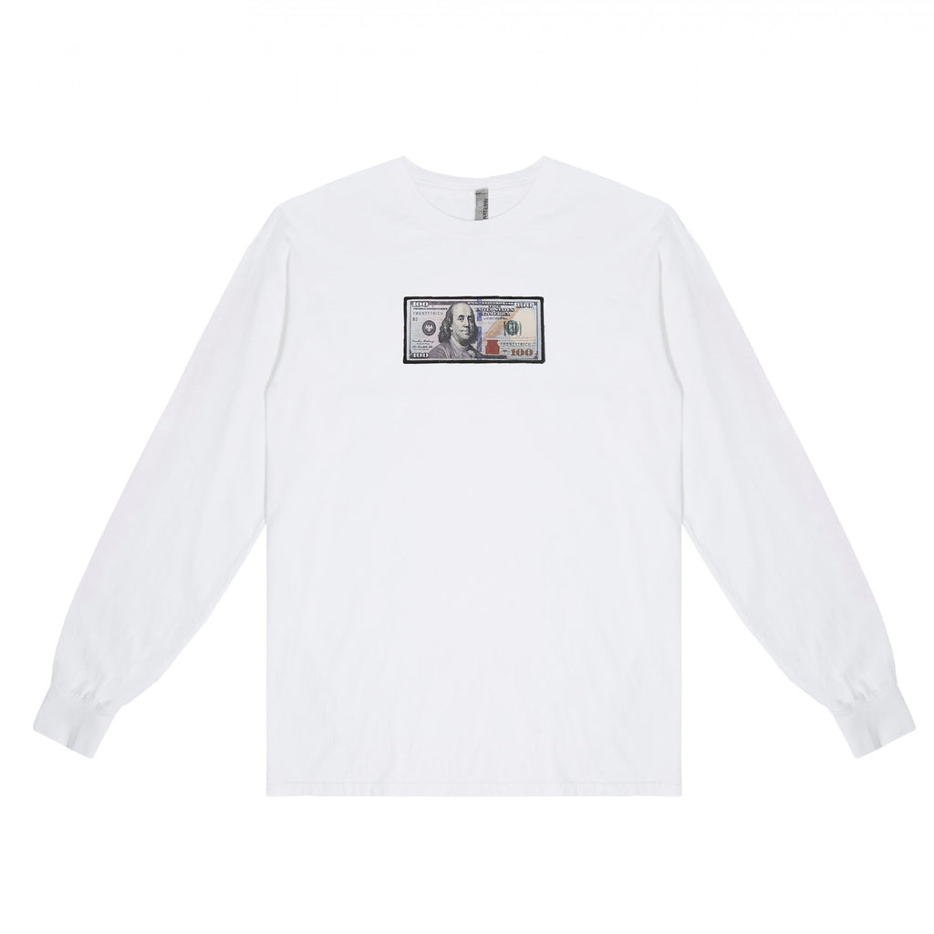 White Long Sleeve Shirt by Twenty1Rich with blue hundred logo
