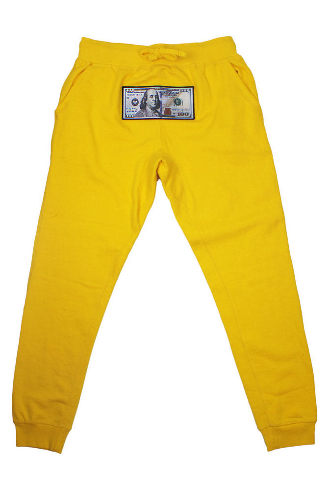 Yellow "Blue Hundreds" Hoodie by Twenty1Rich streetwear with a $100 Blue Hundred Dollar Bill logo, Side Pockets, Cotton, Polyester, and Drawstring Waistband