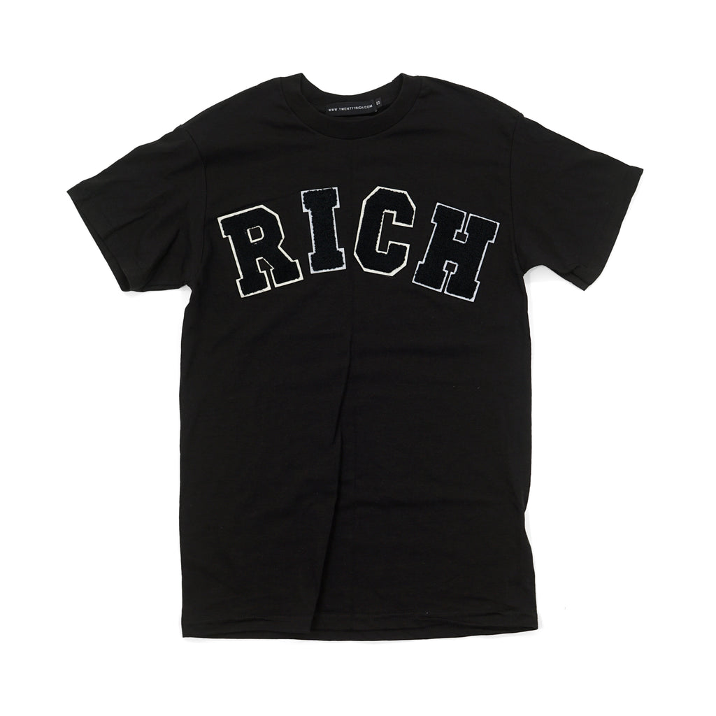 Black "RICH" Tee by Twenty1Rich with white "RICH" logo 