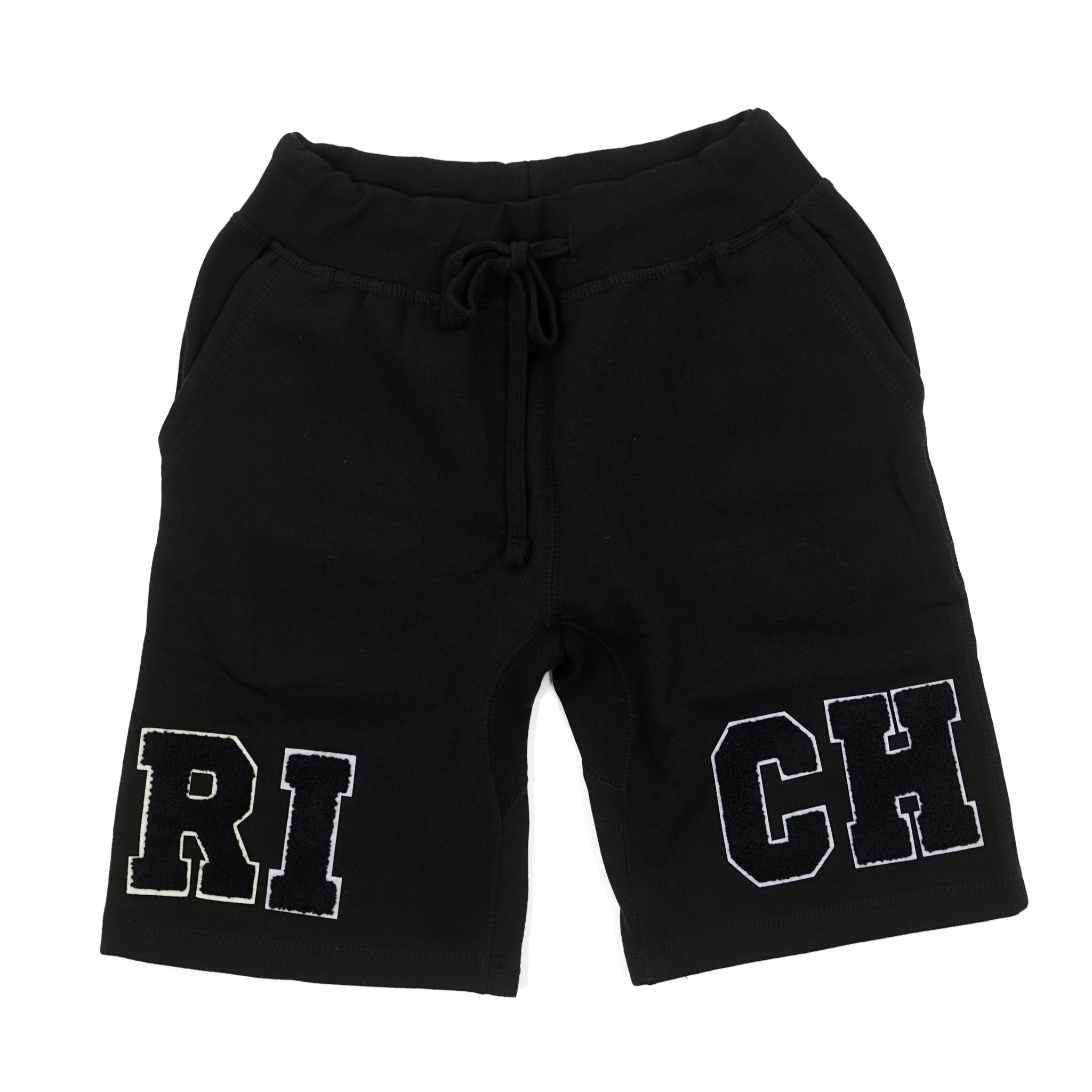 Black "RICH" Shorts by Twenty1Rich with white "RICH" logo 