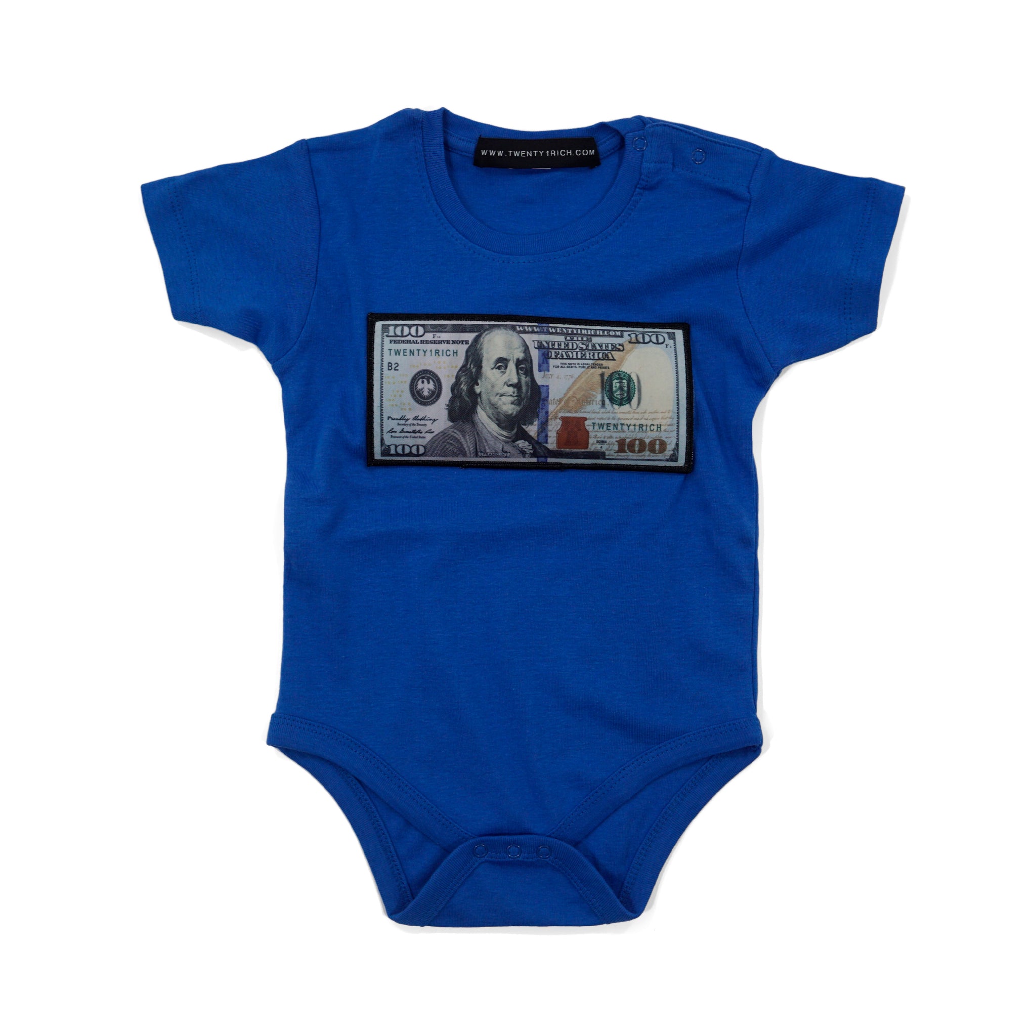 Blue 'Blue Hundreds' Baby Onesie by Twenty1Rich with a $100 logo