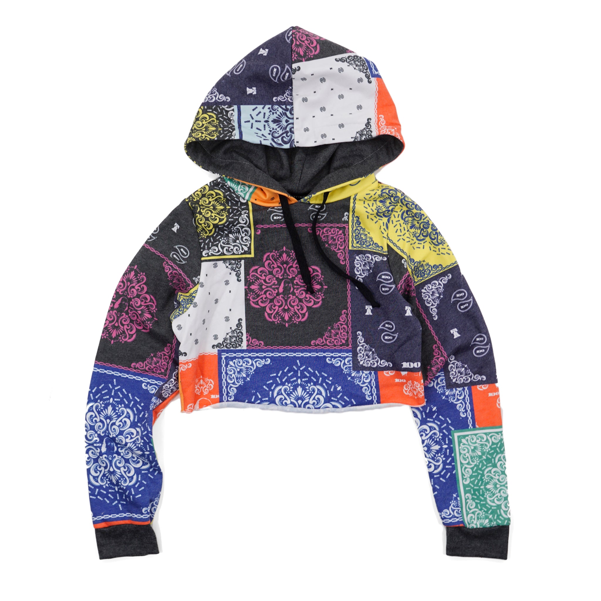 Colorful Bandana Print Crop Hoodie by Twenty1Rich Streetwear (with drawstring)
