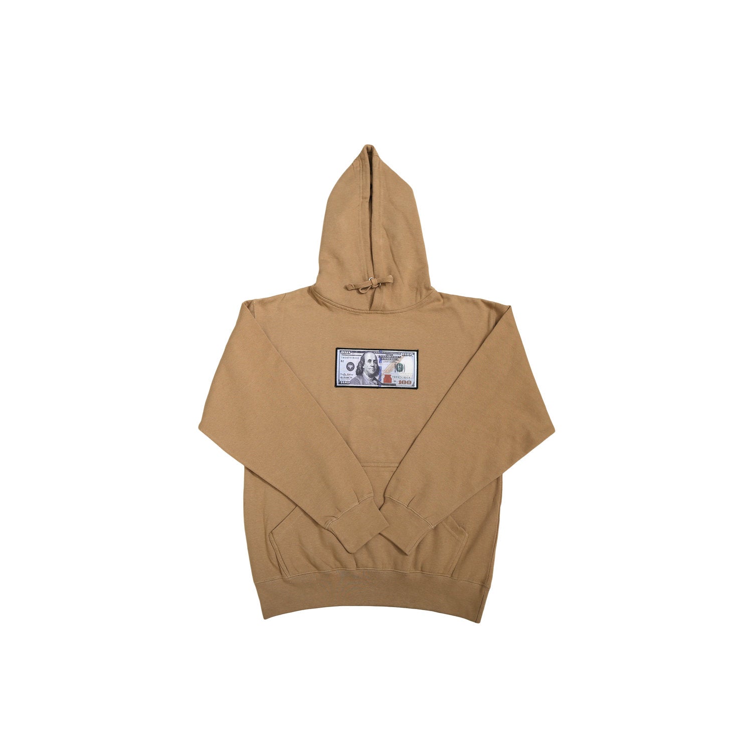 Sand Blue Hundreds Hoodie by Twenty1Rich with a $100 Blue Hundred Dollar Bill logo, Front Kangaroo Pocket, Cotton, Polyester, and Drawstring Hood