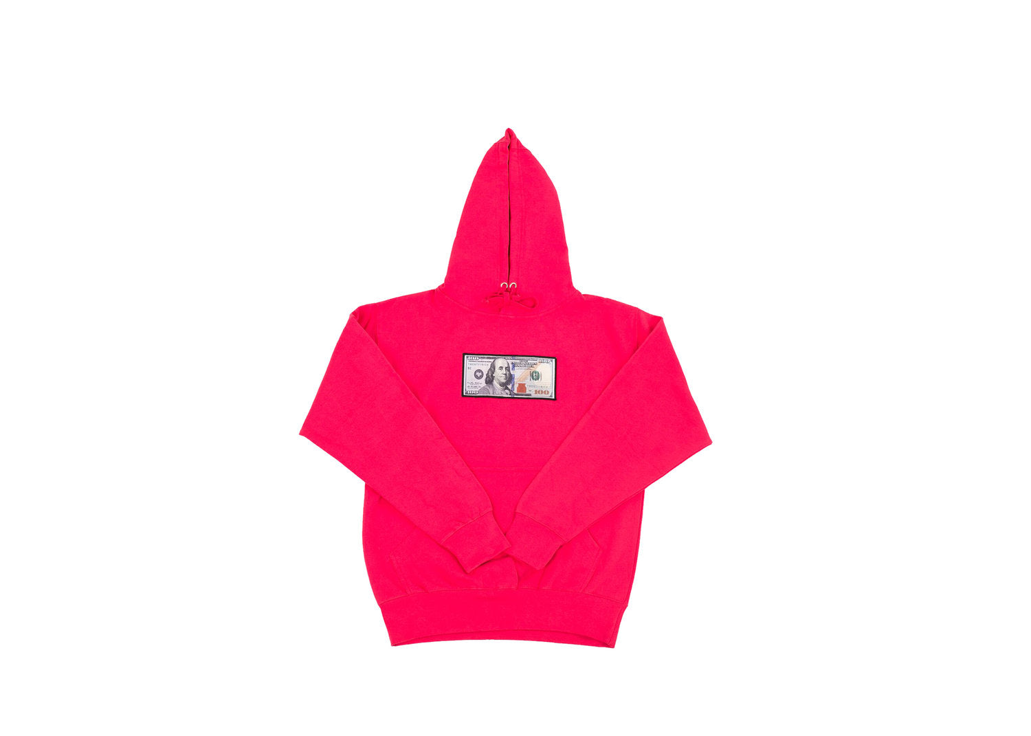 Hot Pink Blue Hundreds Hoodie by Twenty1Rich with a $100 Blue Hundred Dollar Bill logo, Front Kangaroo Pocket, Cotton, Polyester, and Drawstring Hood