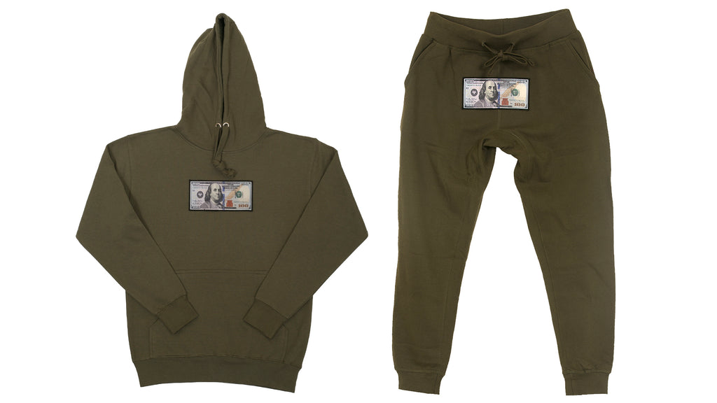 Olive "Blue Hundreds" Hoodie and Jogger Set by Twenty1Rich with $100 logo