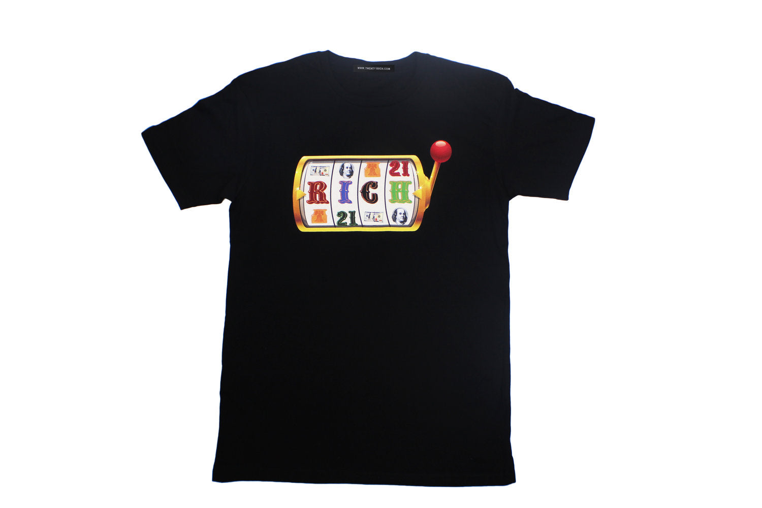 Black Tee by Twenty1Rich with a Slot Machine RICH logo
