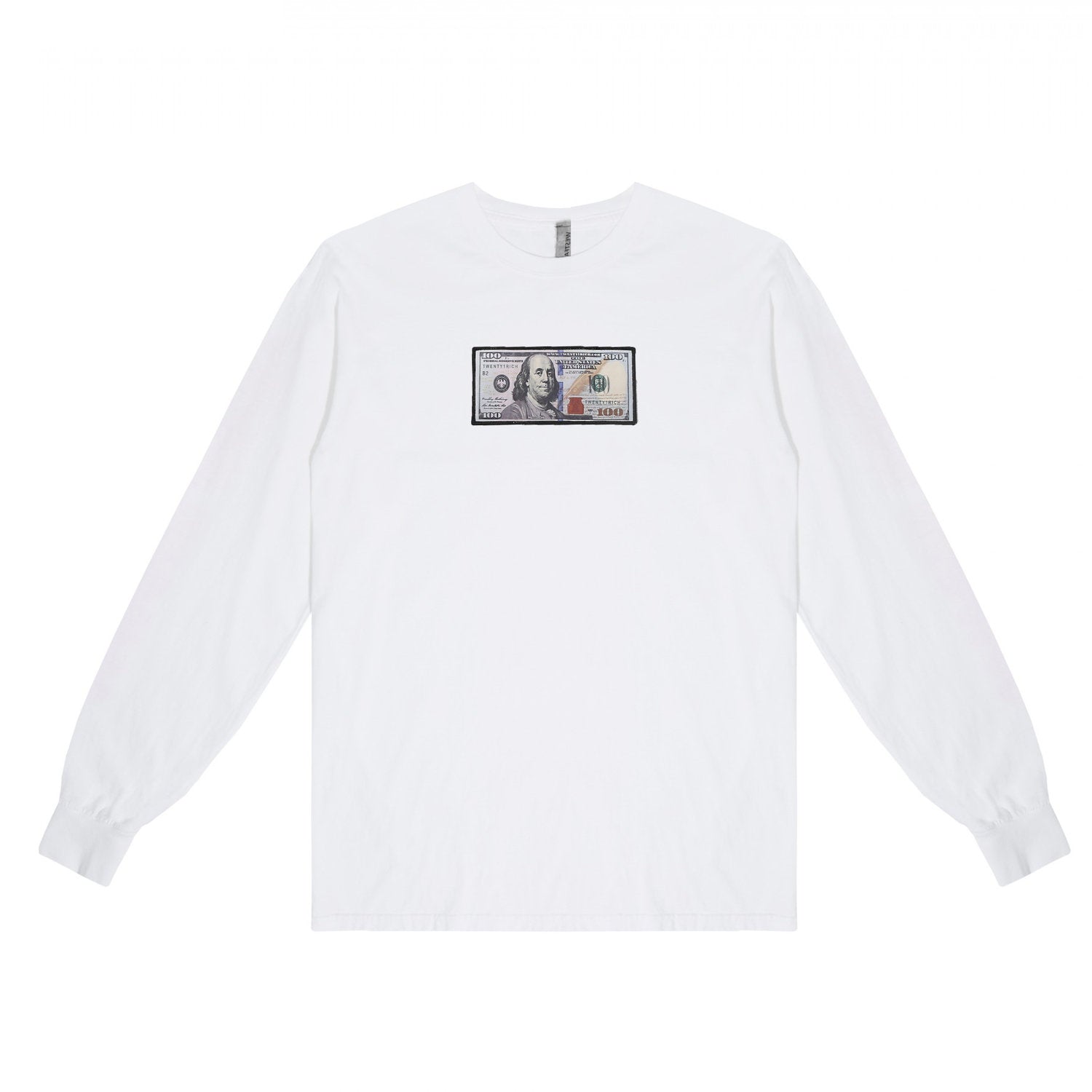 White Long Sleeve Shirt by Twenty1Rich with blue hundred logo