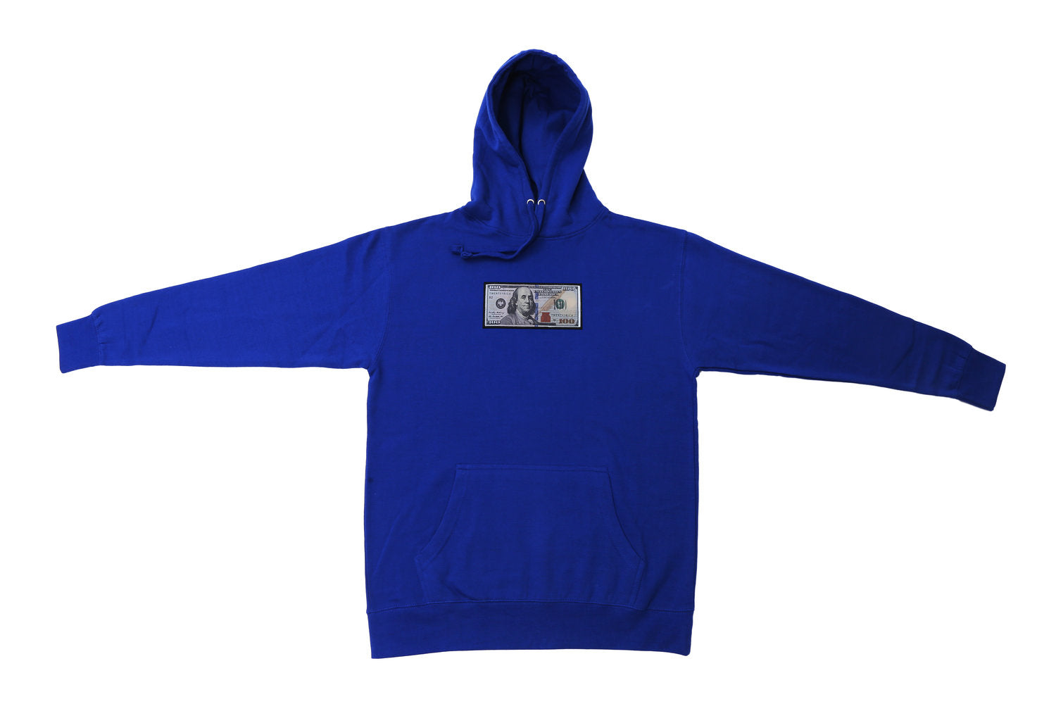 Royal Blue Blue Hundreds Hoodie by Twenty1Rich with a $100 Blue Hundred Dollar Bill logo, Front Kangaroo Pocket, Cotton, Polyester, and Drawstring Hood