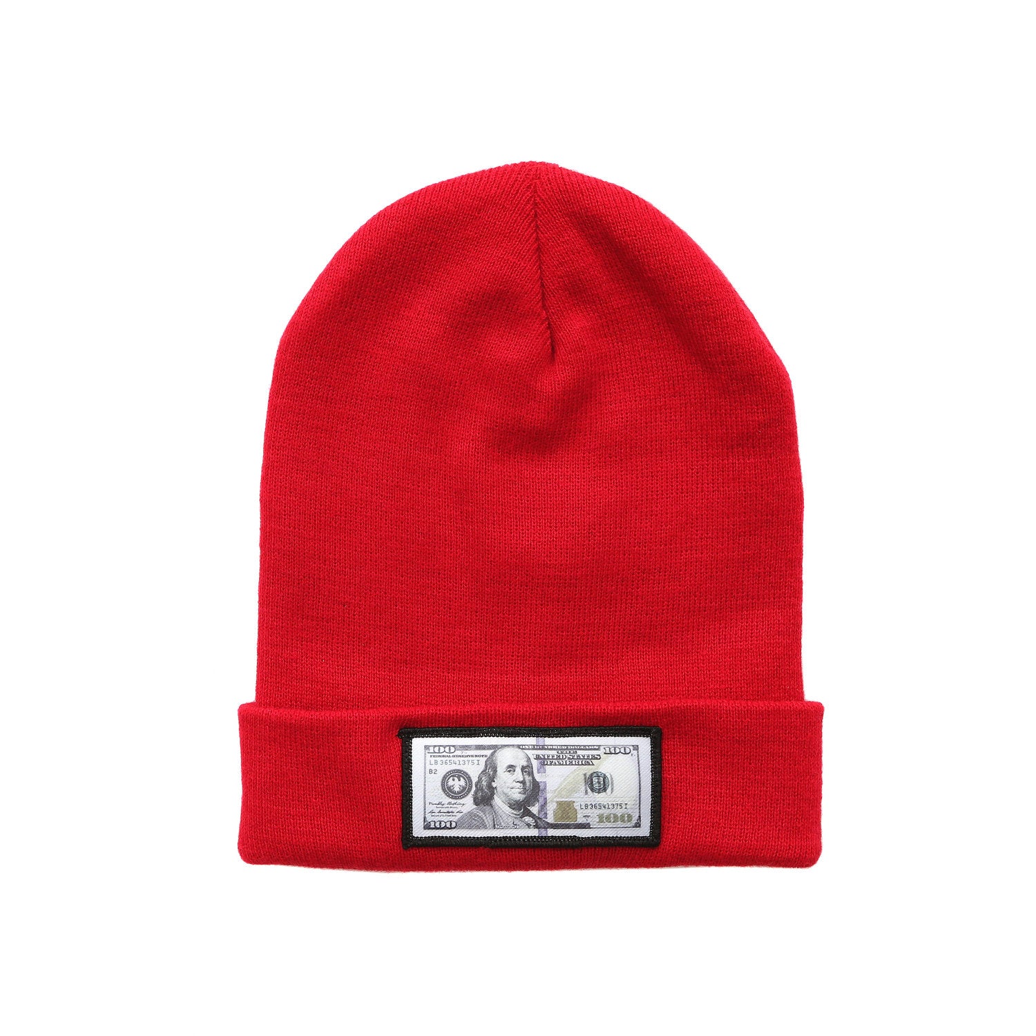 blue hundreds Red comfy beanie with $100 logo on front