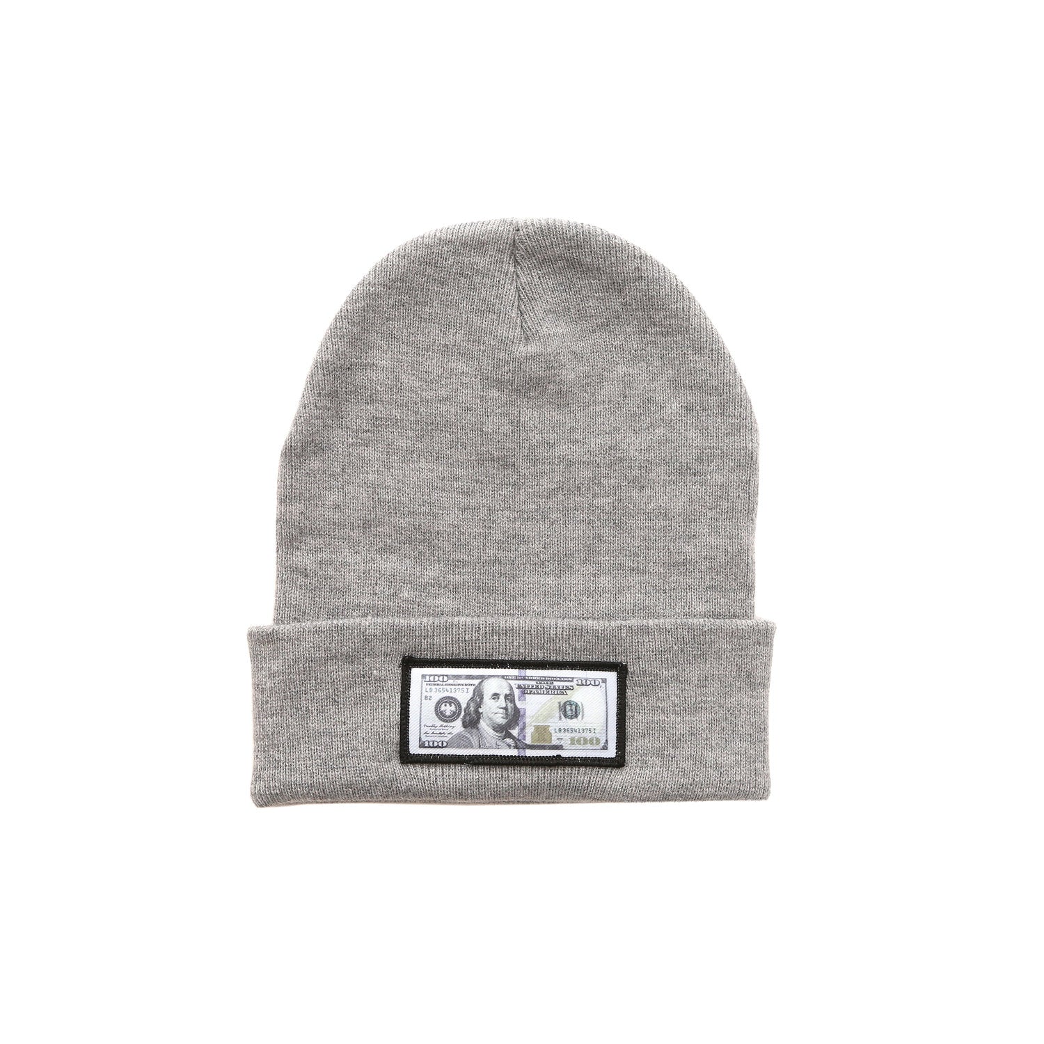 Grey comfy beanie with $100 logo on front