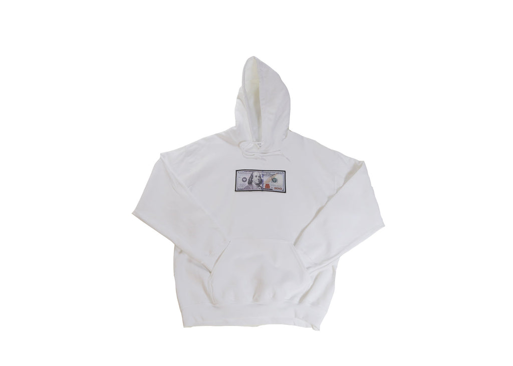 White Blue Hundreds Hoodie by Twenty1Rich with a $100 Blue Hundred Dollar Bill logo, Front Kangaroo Pocket, Cotton, Polyester, and Drawstring Hood