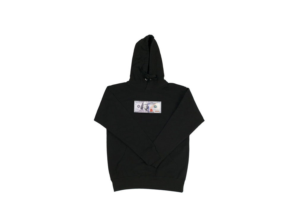 Black Blue Hundreds Hoodie by Twenty1Rich with a $100 Blue Hundred Dollar Bill logo, Front Kangaroo Pocket, Cotton, Polyester, and Drawstring Hood