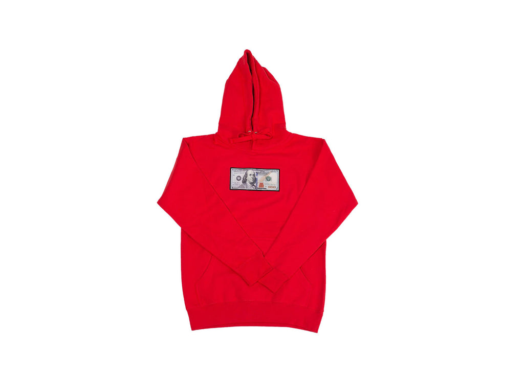 Red Blue Hundreds Hoodie by Twenty1Rich with a $100 Blue Hundred Dollar Bill logo, Front Kangaroo Pocket, Cotton, Polyester, and Drawstring Hood