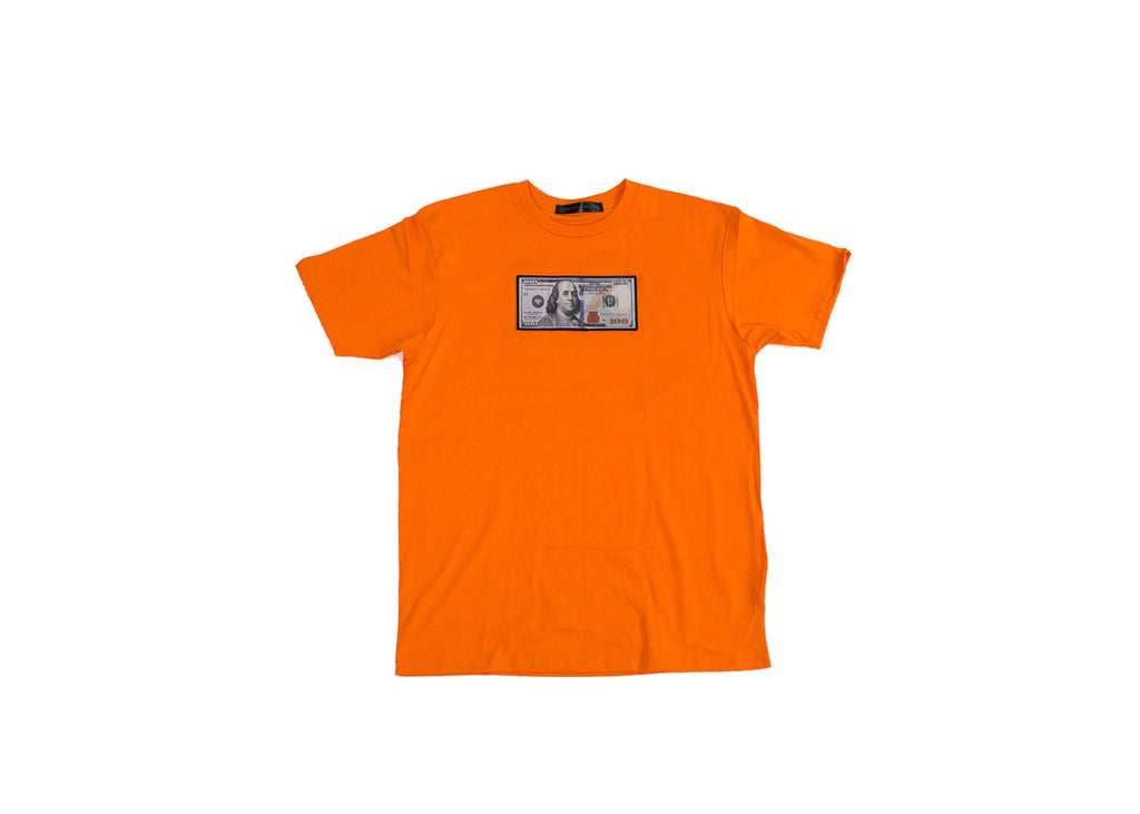 Orange "Blue Hundreds" Tee by Twenty1Rich with $100 logo