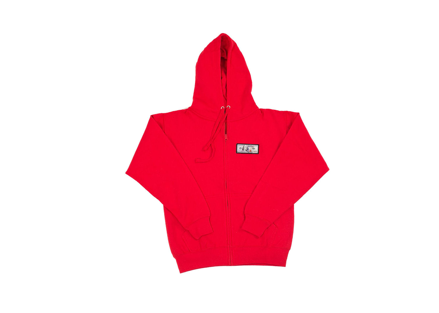 Red &#39;Blue Hundreds&#39; Zip Up Hoodie by Twenty1Rich with a $100 logo