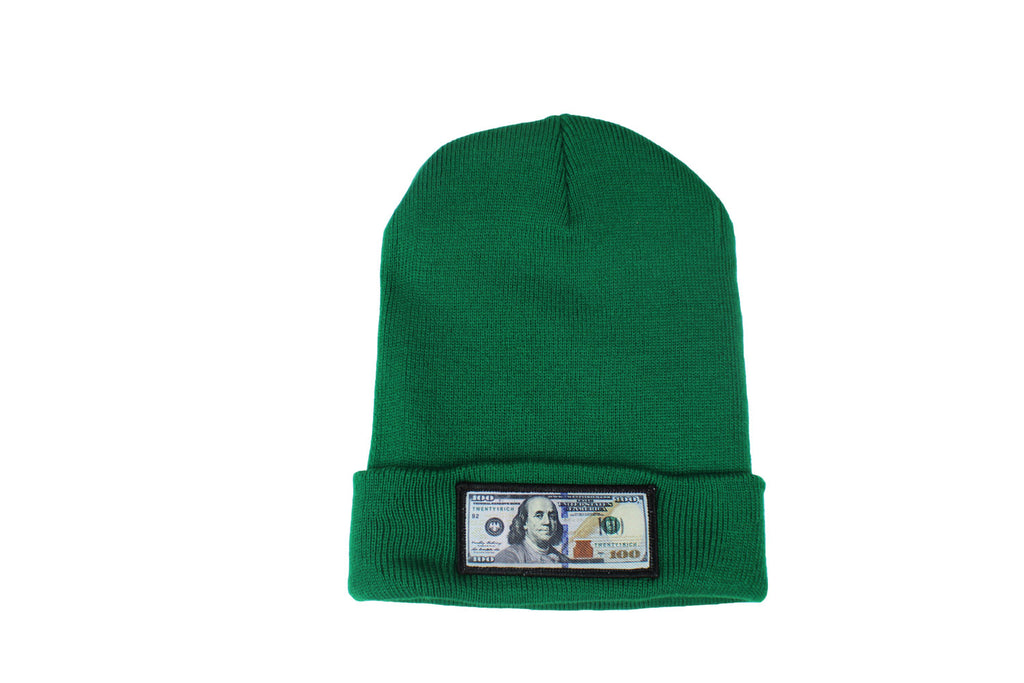 Green comfy beanie with $100 logo on front