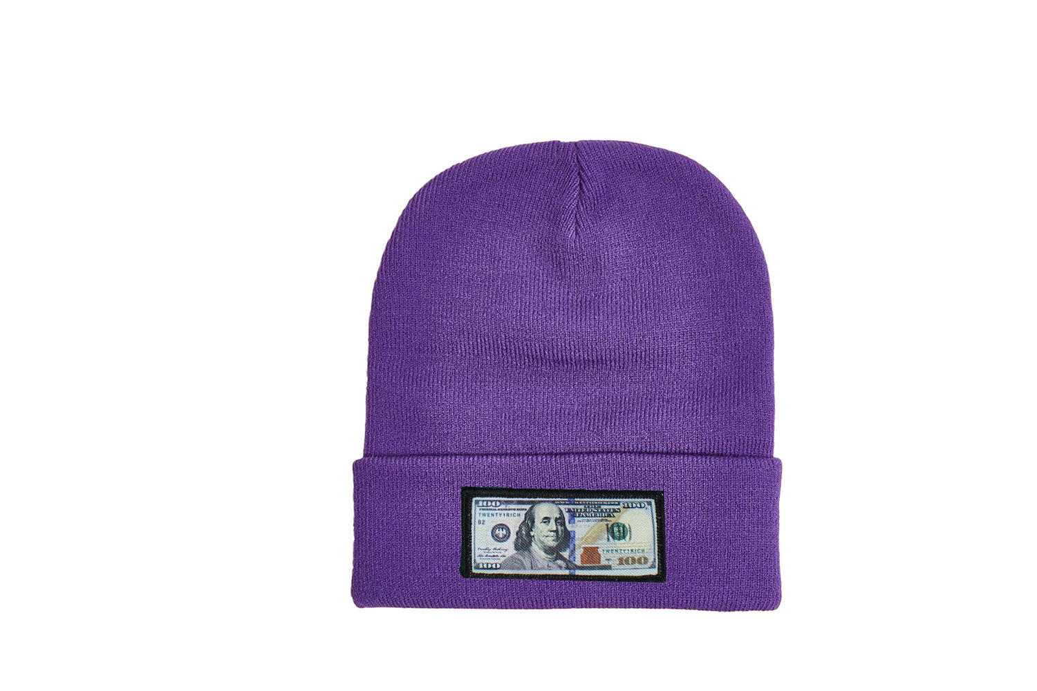 Purple comfy beanie with $100 logo on front