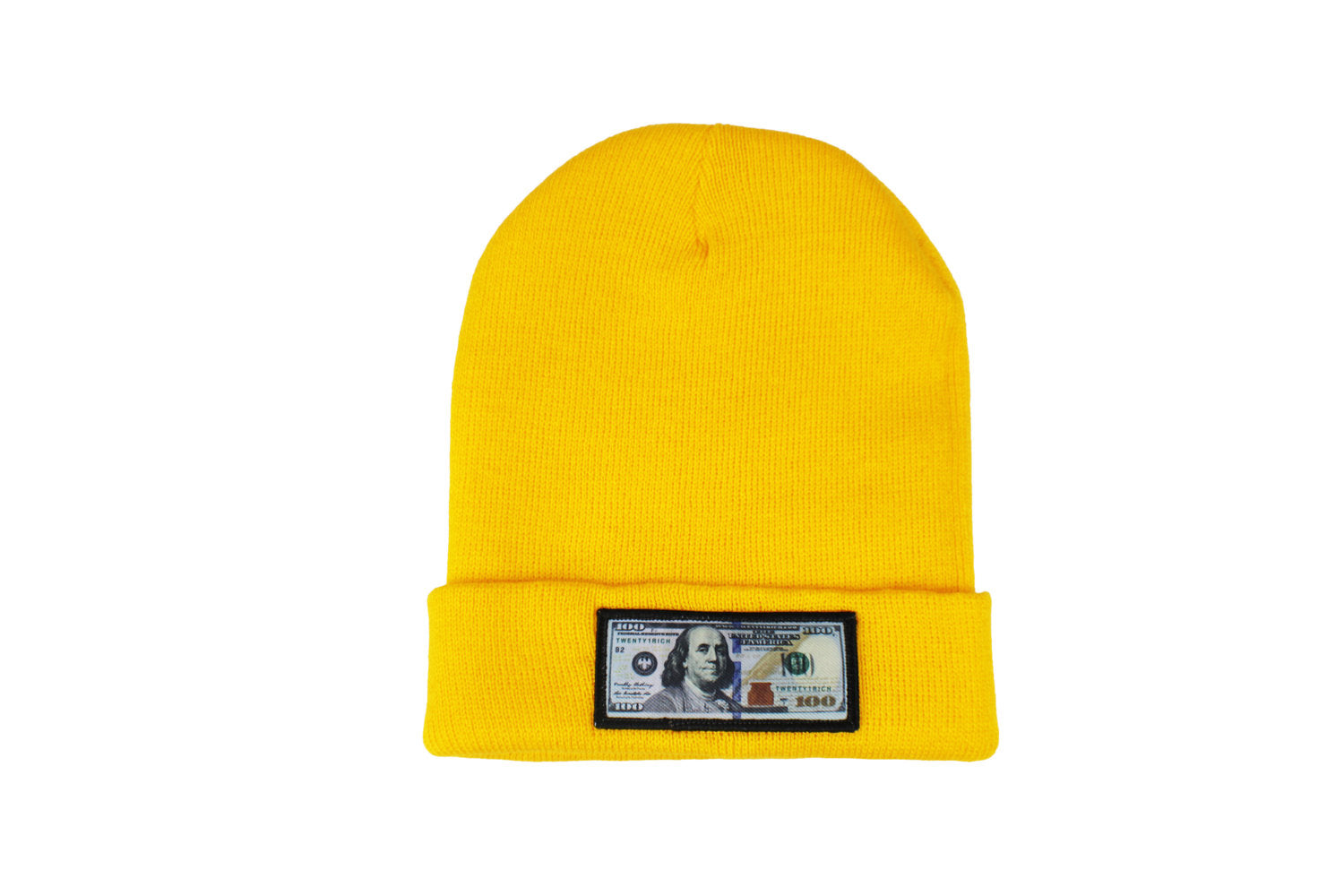 Yellow comfy beanie with $100 logo on front