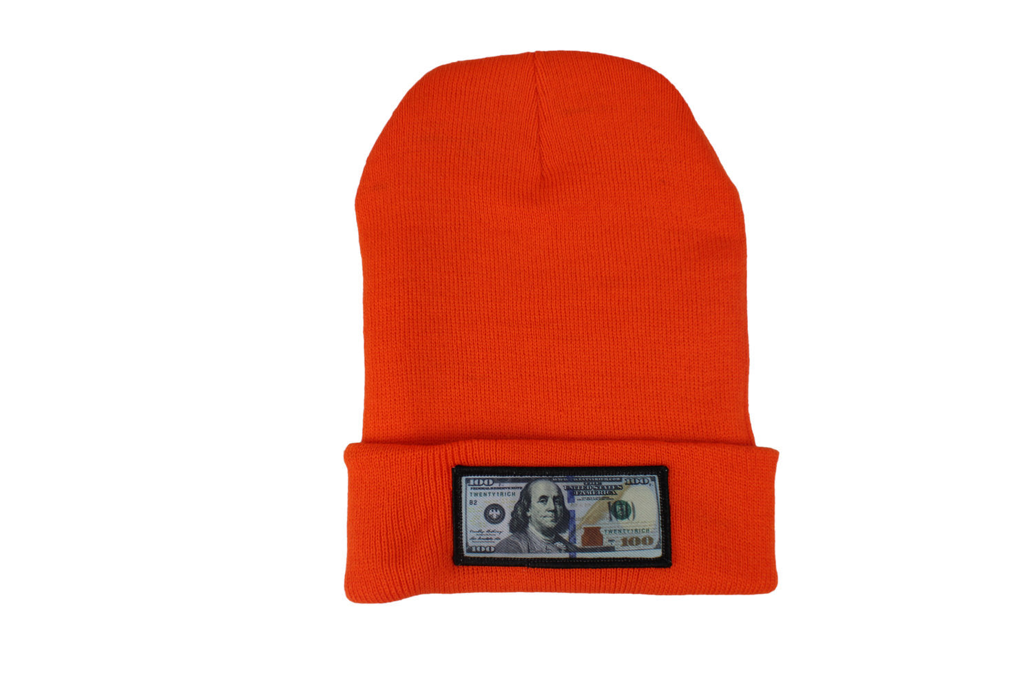 Orange comfy beanie with $100 logo on front