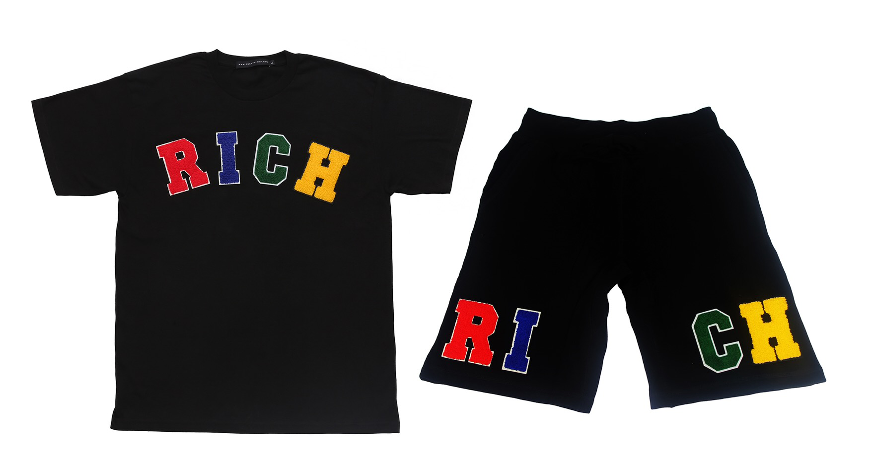 "RICH" Tee and Shorts Set by Twenty1Rich with the multicolored "RICH" logo 