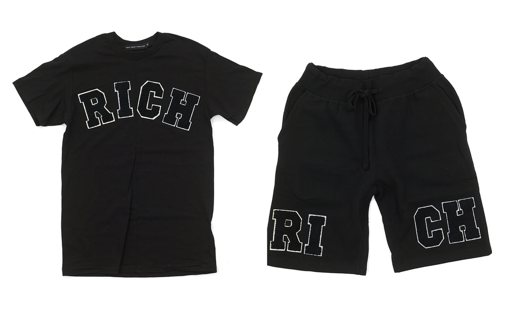 Black "RICH" Tee and Shorts Set by Twenty1Rich with white "RICH" logo 