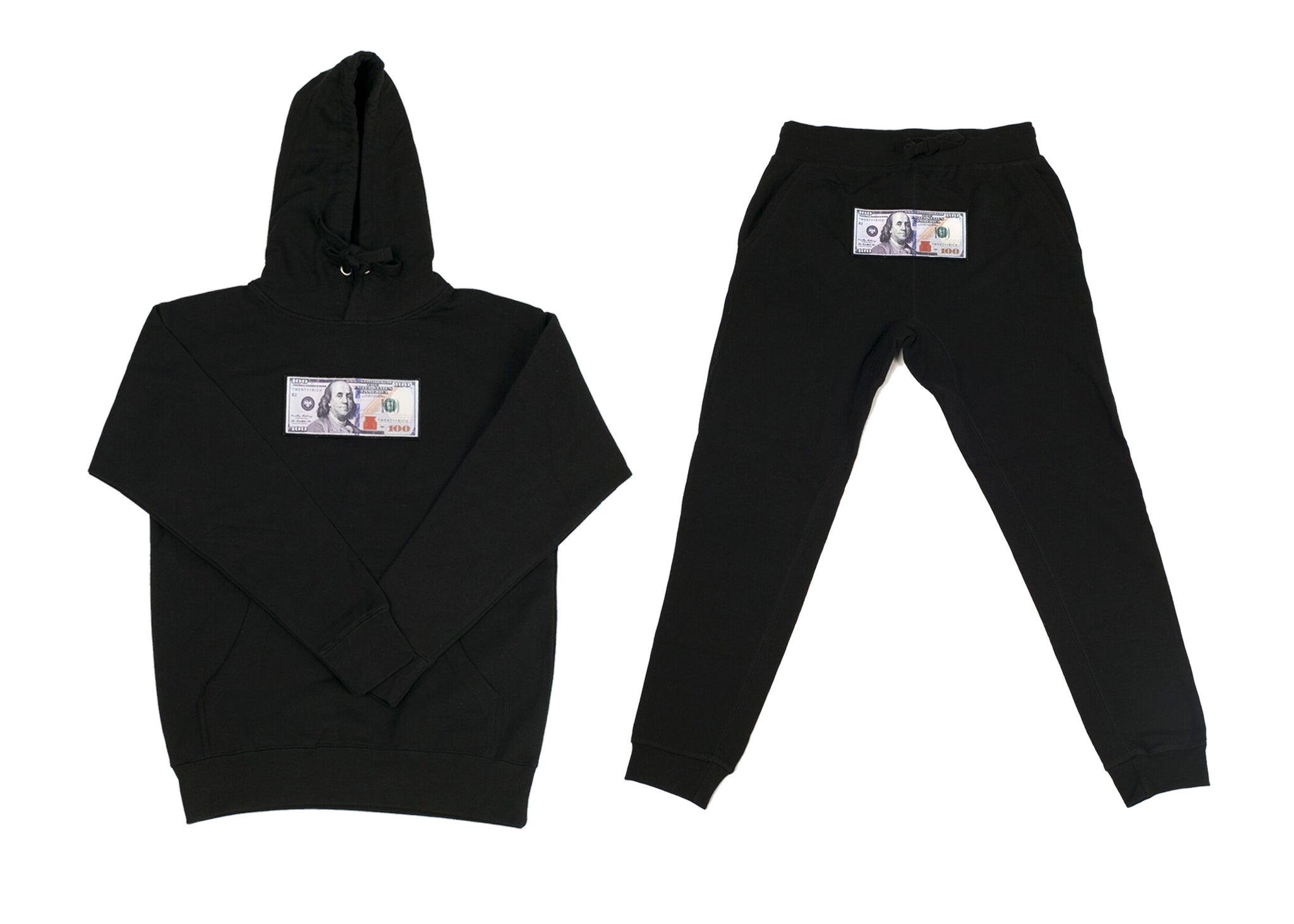 Black "Blue Hundreds" Hoodie and Jogger Set by Twenty1Rich with $100 logo