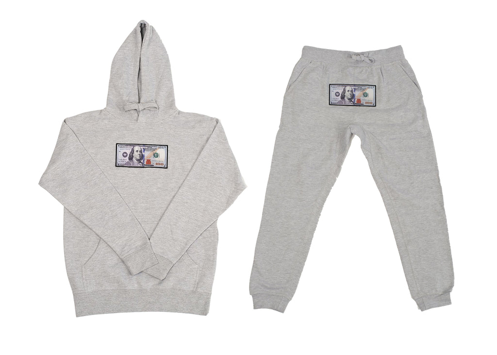 White "Blue Hundreds" Hoodie and Jogger Set by Twenty1Rich with $100 logo