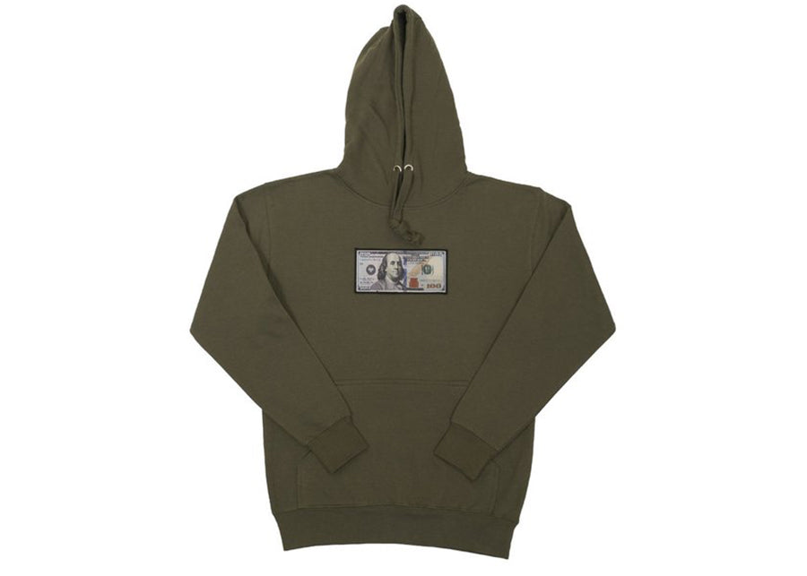 Olive Blue Hundreds Hoodie by Twenty1Rich with a $100 Blue Hundred Dollar Bill logo, Front Kangaroo Pocket, Cotton, Polyester, and Drawstring Hood 