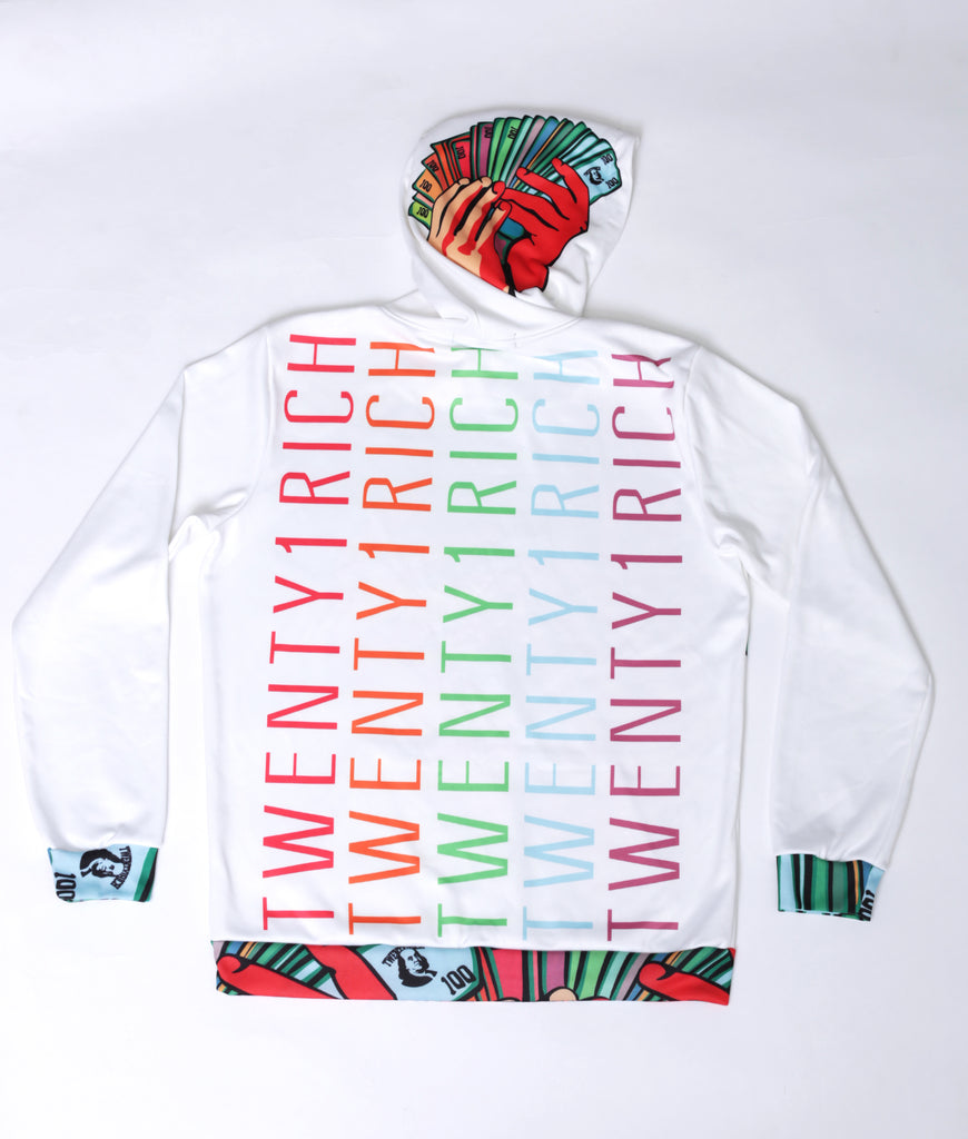Money Fan White Pullover Hoodie by Twenty1Rich (Back)