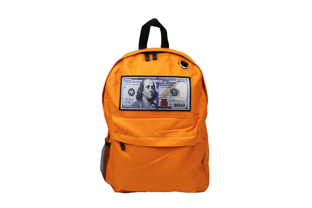 Orange 'Blue Hundreds' Backpack by Twenty1Rich with a $100 logo
