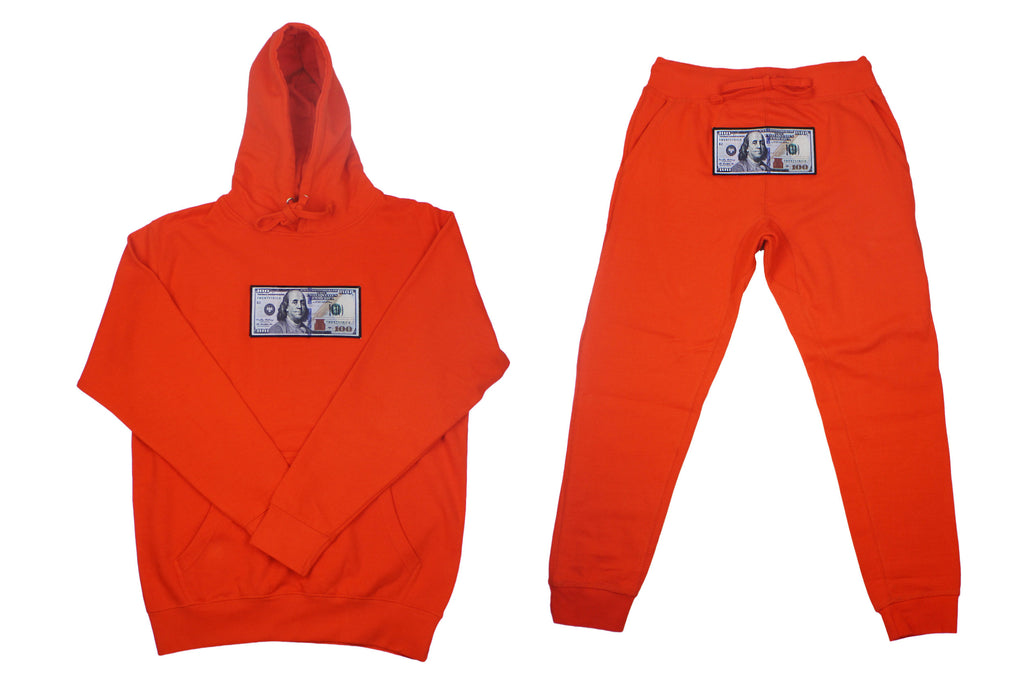 Orange "Blue Hundreds" Hoodie and Jogger Set by Twenty1Rich with $100 logo