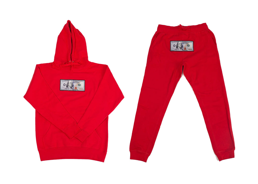 Red "Blue Hundreds" Hoodie and Jogger Set by Twenty1Rich with $100 logo