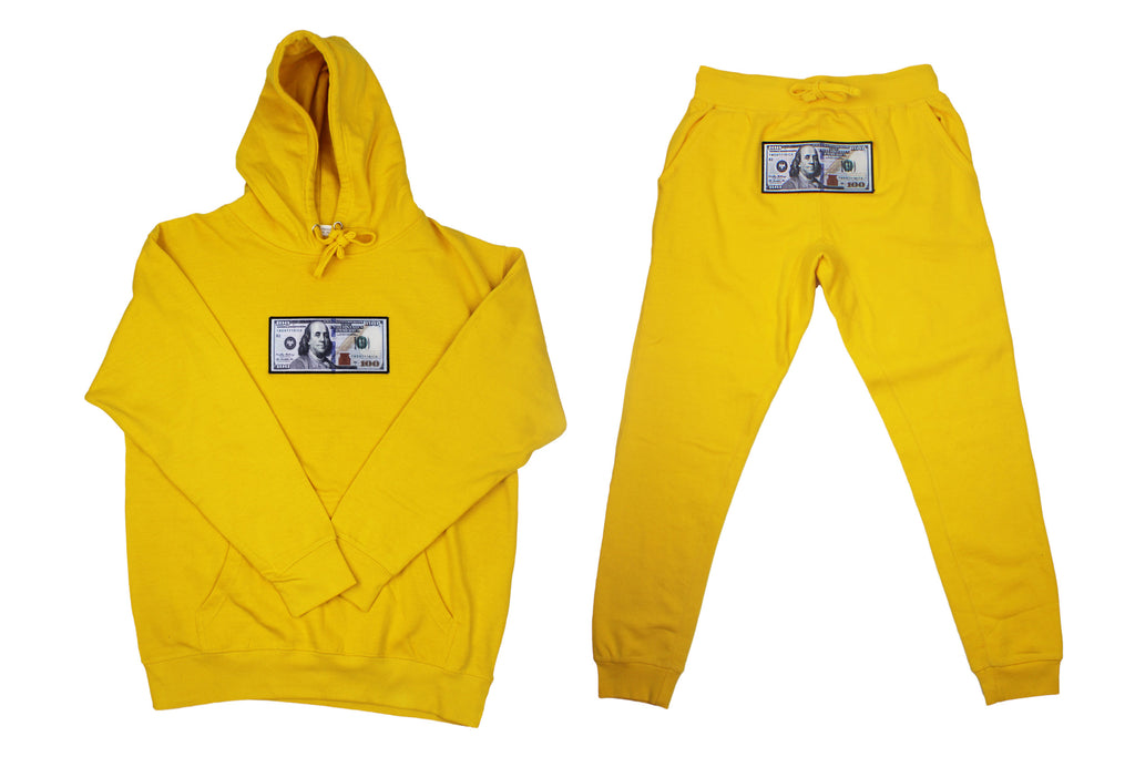 Yellow "Blue Hundreds" Hoodie and Jogger Set by Twenty1Rich with $100 logo